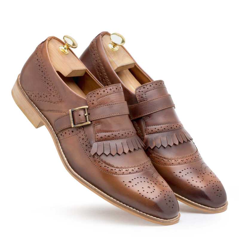 Burnished-Brown Full Grain Leather Kiltie Monkstrap Shoes