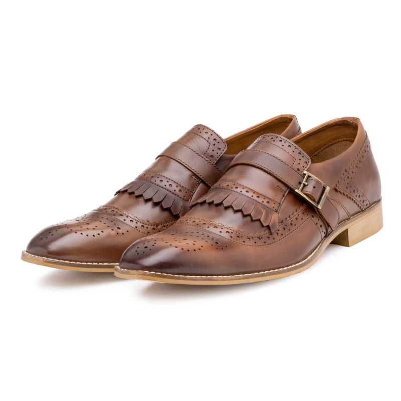 Burnished-Brown Full Grain Leather Kiltie Monkstrap Shoes