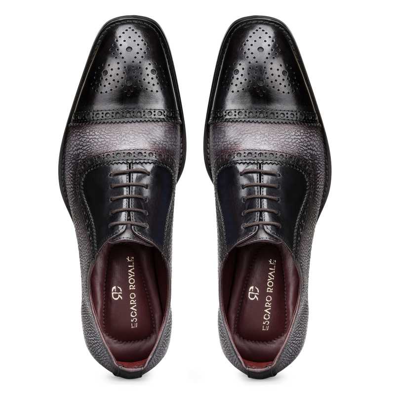 Coppa Medallion Captoe Dual-Textured Black Oxfords