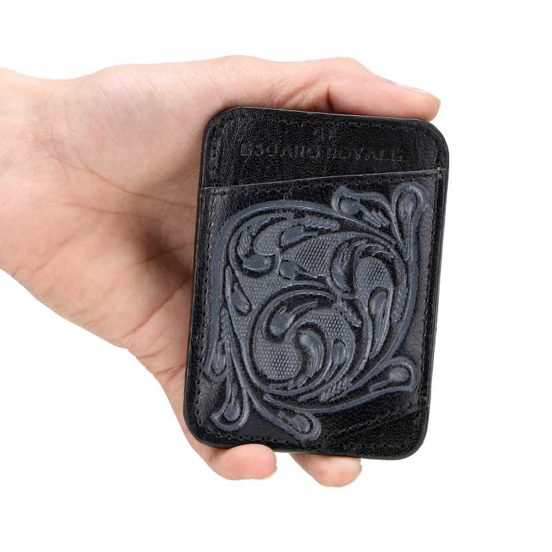 The Athens Hand-Tooled Leather Cash Card Holder In Black-Gray