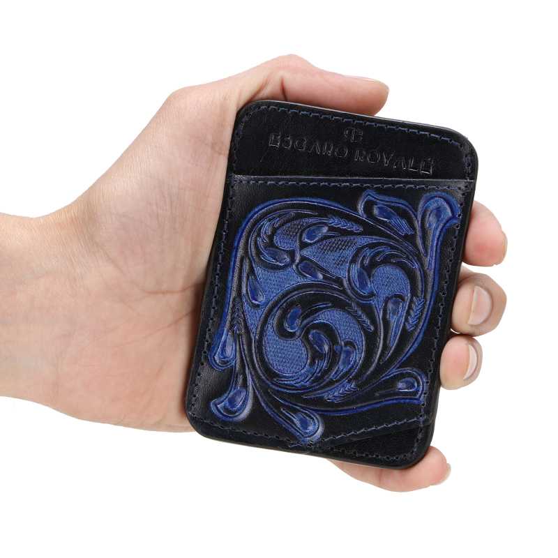 The Athens Hand-Tooled Leather Cash Card Holder In Blue