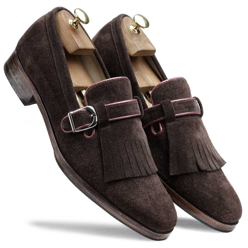 The Edmund Kiltie Monkstrap In Brown Suede