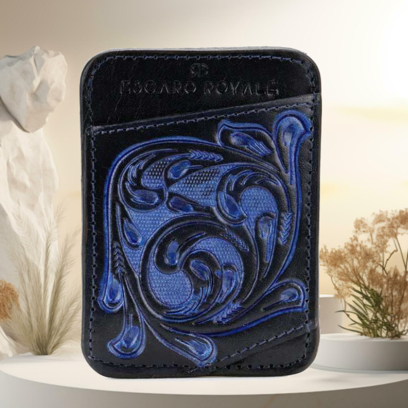 The Athens Hand-Tooled Leather Cash Card Holder In Blue
