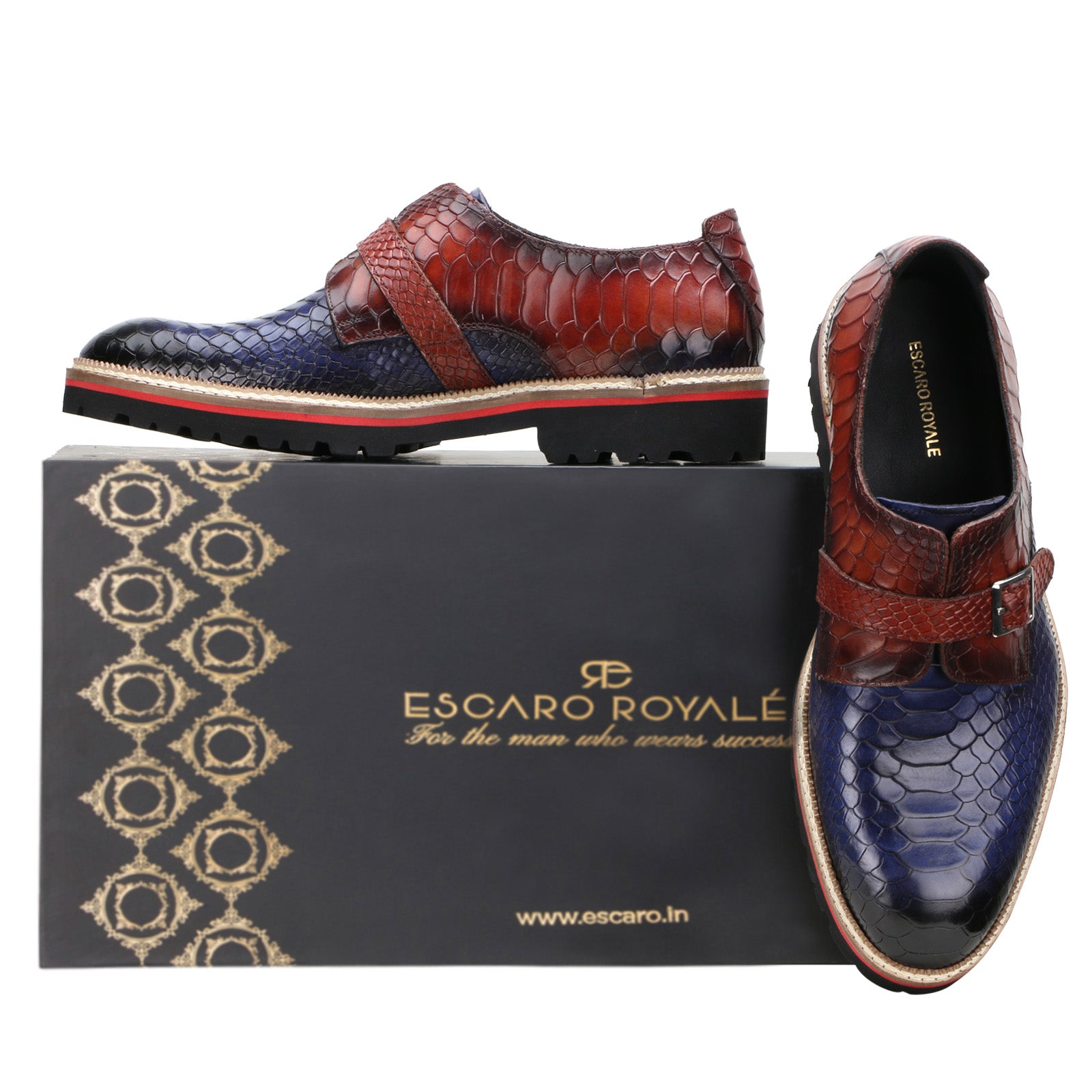 Escaro Royale Handmade Premium Monk Shoes (Monark, Blue-Brown)