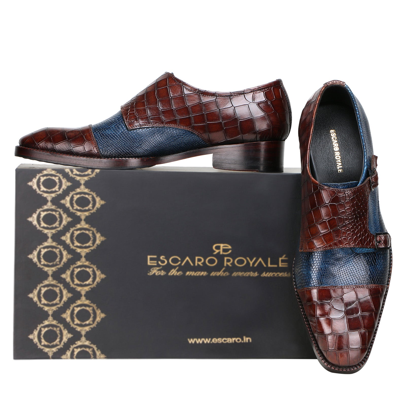 Escaro Royale Handmade Premium Monk Shoes (Neyson, Blue-Brown)