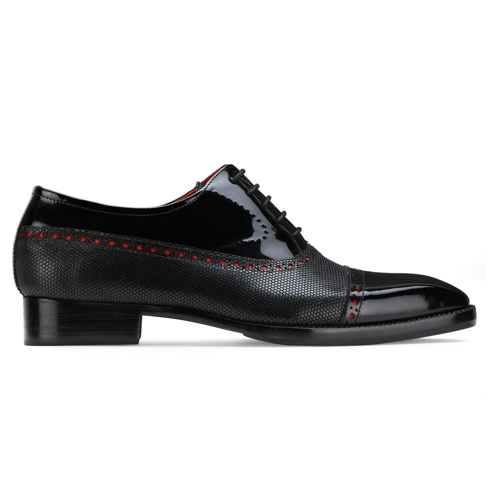 Black Cobalt Oxfords in Red-Dotted Accents