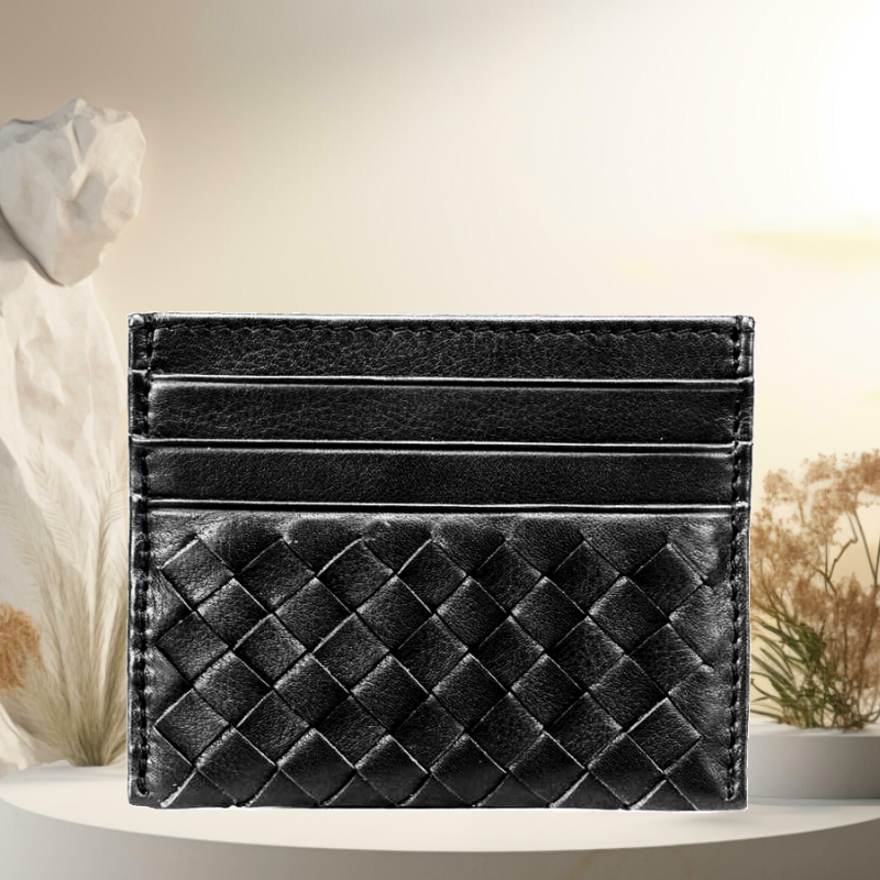 Black Leather Men Basket Weave Design Luxury Card Holder